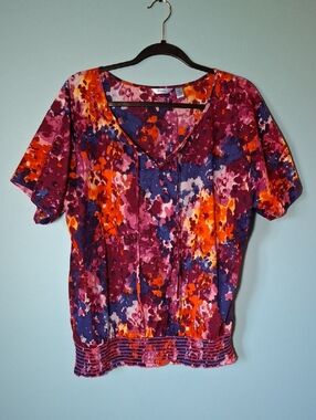 Izod Multicolor Short Sleeve Blouse - Purple, Pink, Orange, Blue